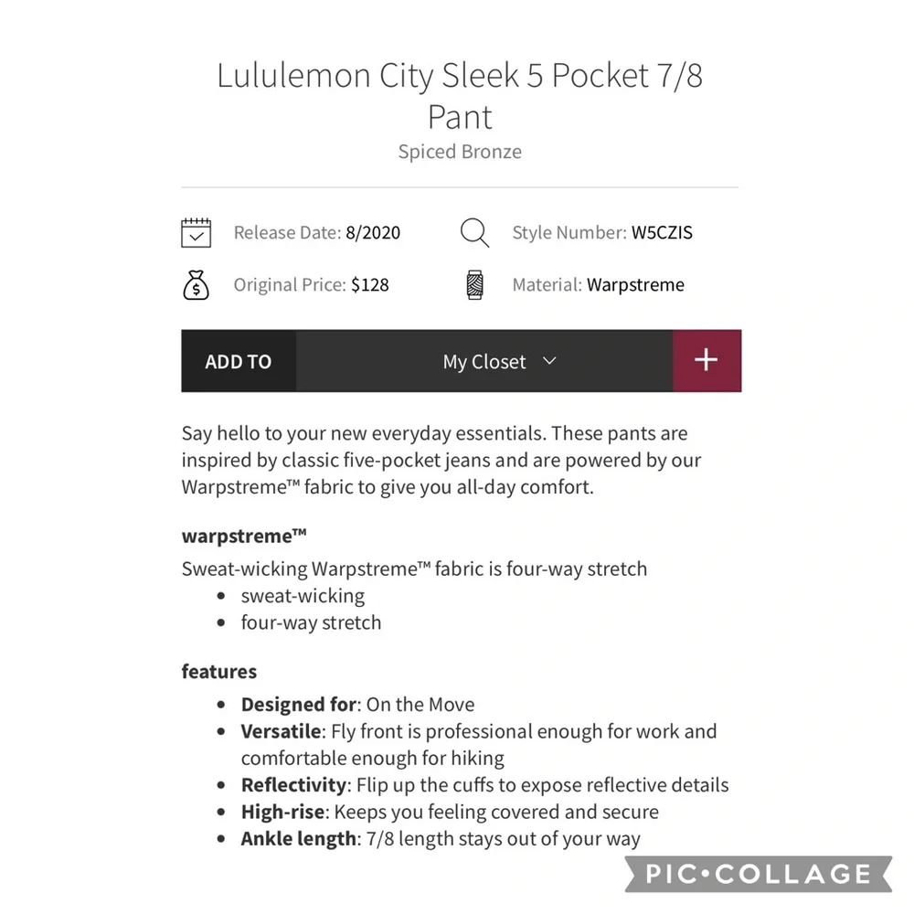 Lululemon city sleek 5 pocket 7/8 pant spiced bronze Size 2